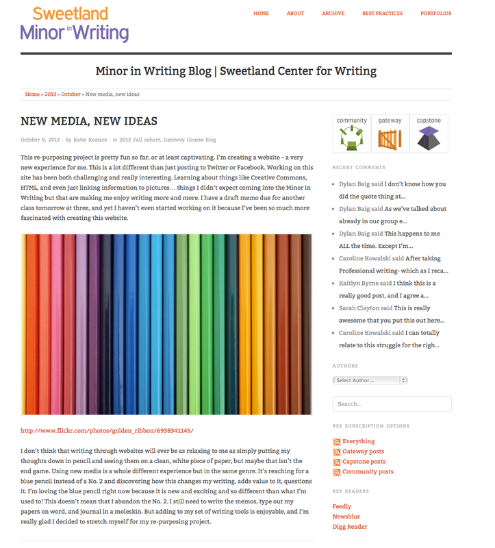 Screenshot of one of my posts on the Minor in Writing blog. To read it using a screen reader see http://writingminor.sweetland.lsa.umich.edu/2013/10/new-media-new-ideas/