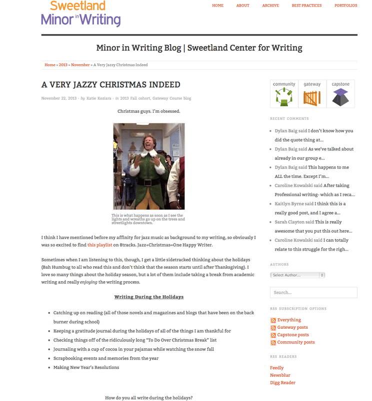 Screenshot of one of my posts on the Minor in Writing blog. To read it using a screen reader see http://writingminor.sweetland.lsa.umich.edu/2013/11/a-very-jazzy-christmas-indeed/