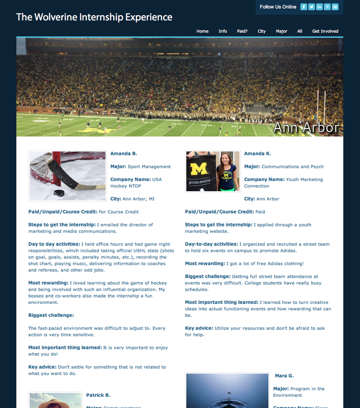 Screenshot of my re-purposing project. Access it by screenreader at www.thewolverineinternshipexperience.weebly.com