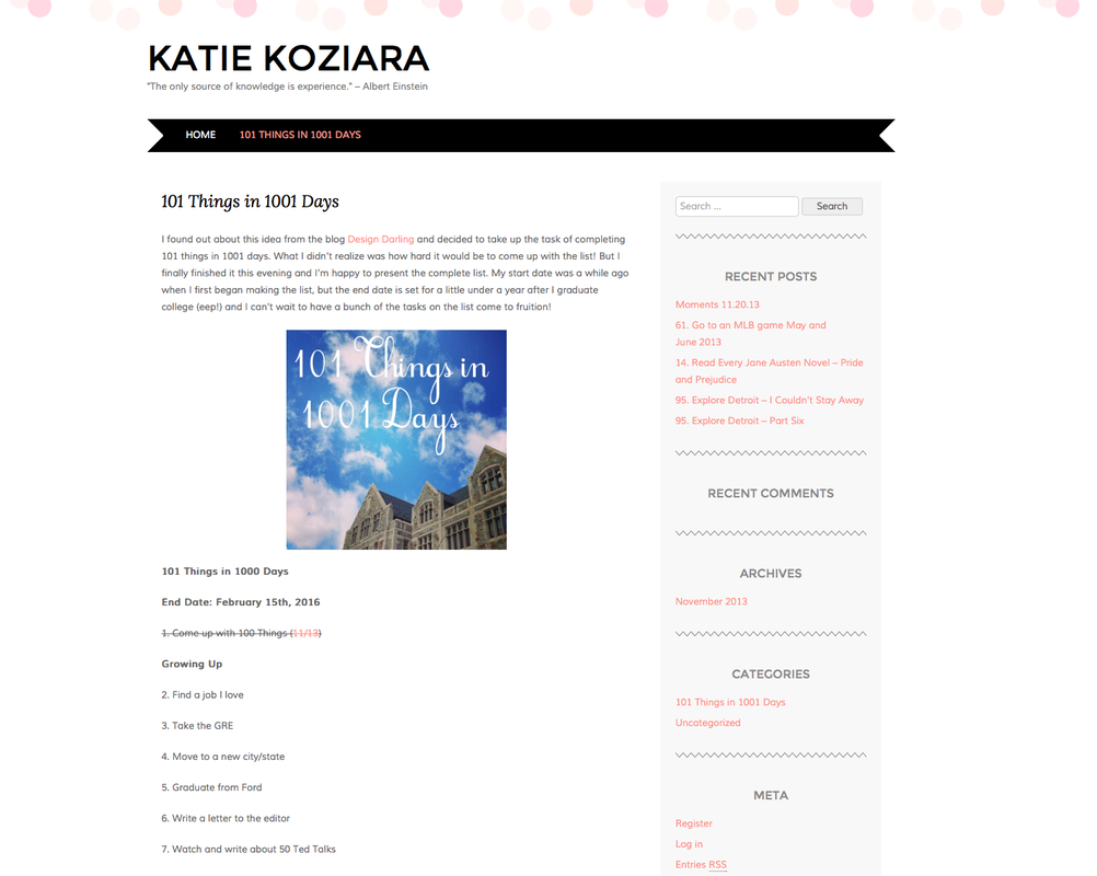 Screenshot of my blog. To read it using a screen reader see http://katiekoziara.wordpress.com/about/