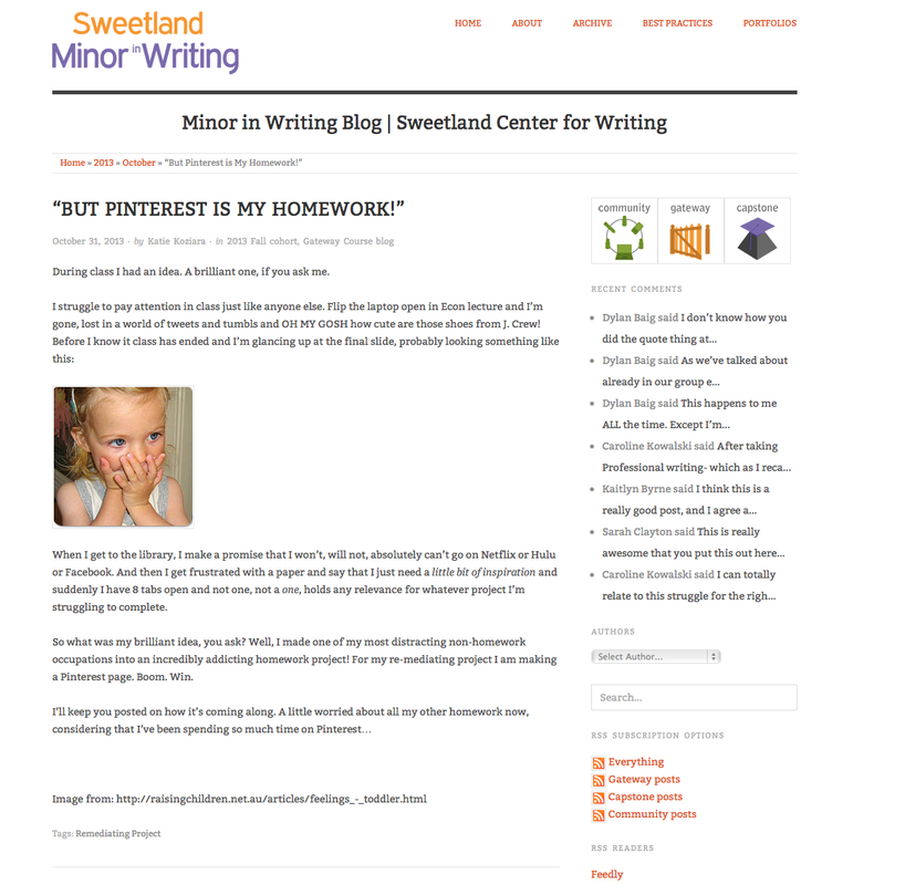 Screenshot of one of my posts on the Minor in Writing blog. To read it using a screen reader see http://writingminor.sweetland.lsa.umich.edu/2013/10/but-pinterest-is-my-homework/