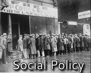 Photo of people standing in unemployment line during the Great Depression - links to Social Policy writing page